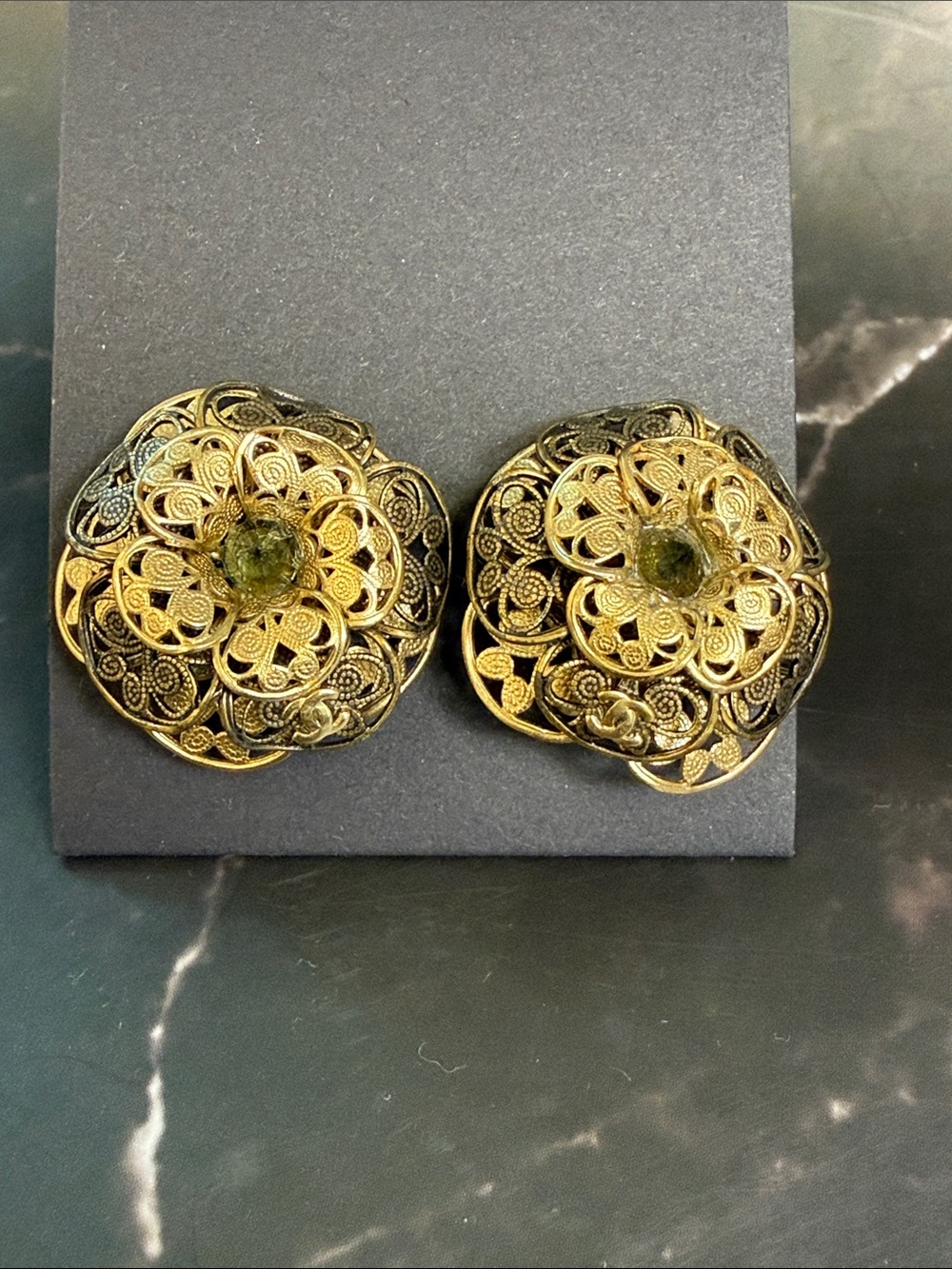 CHANEL Gold Filigree Floral Clip-On Earrings with Olive Center